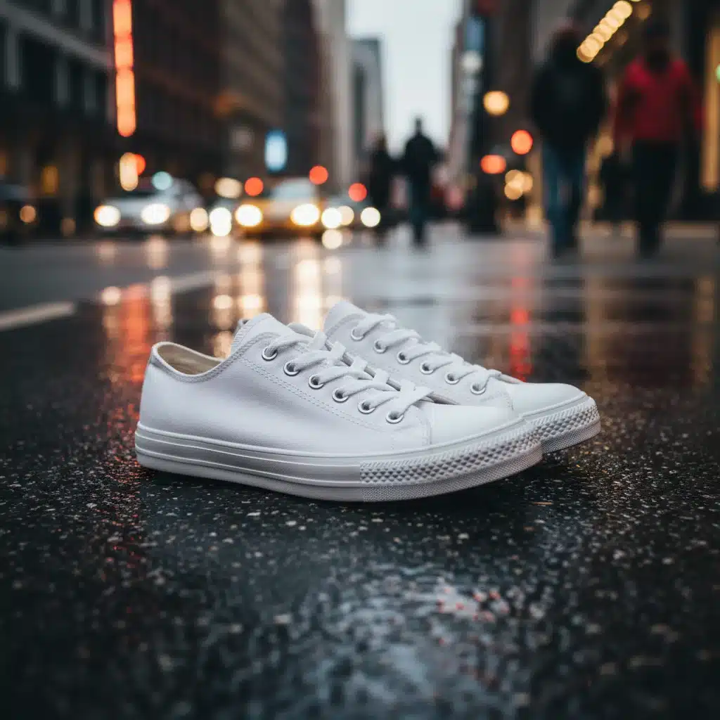 Close-up of clean white sneakers on urban sidewalk, essential for street style.