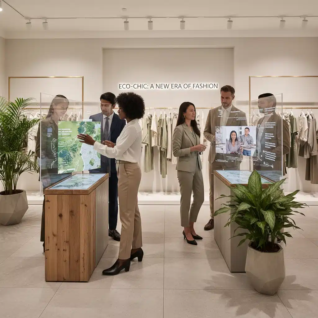 Consumers exploring sustainable luxury fashion in a modern boutique setting.