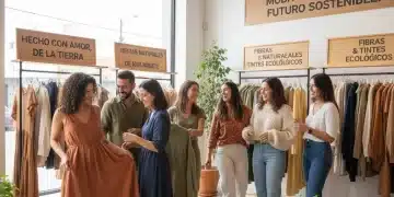 Jóvenes consumidores mexicanos eligiendo ropa sostenible en una tienda moderna y luminosa.