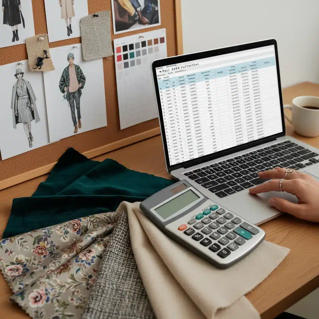 Designer calculating production costs for a new fashion collection.