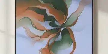 Abstract art with dominant green, terracotta, and periwinkle colors for 2026 trends.