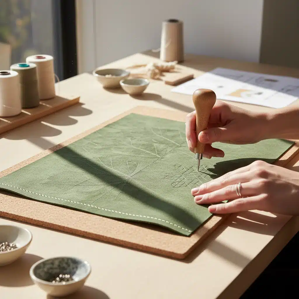 Designer's hands crafting a garment from plant-based luxury leather.
