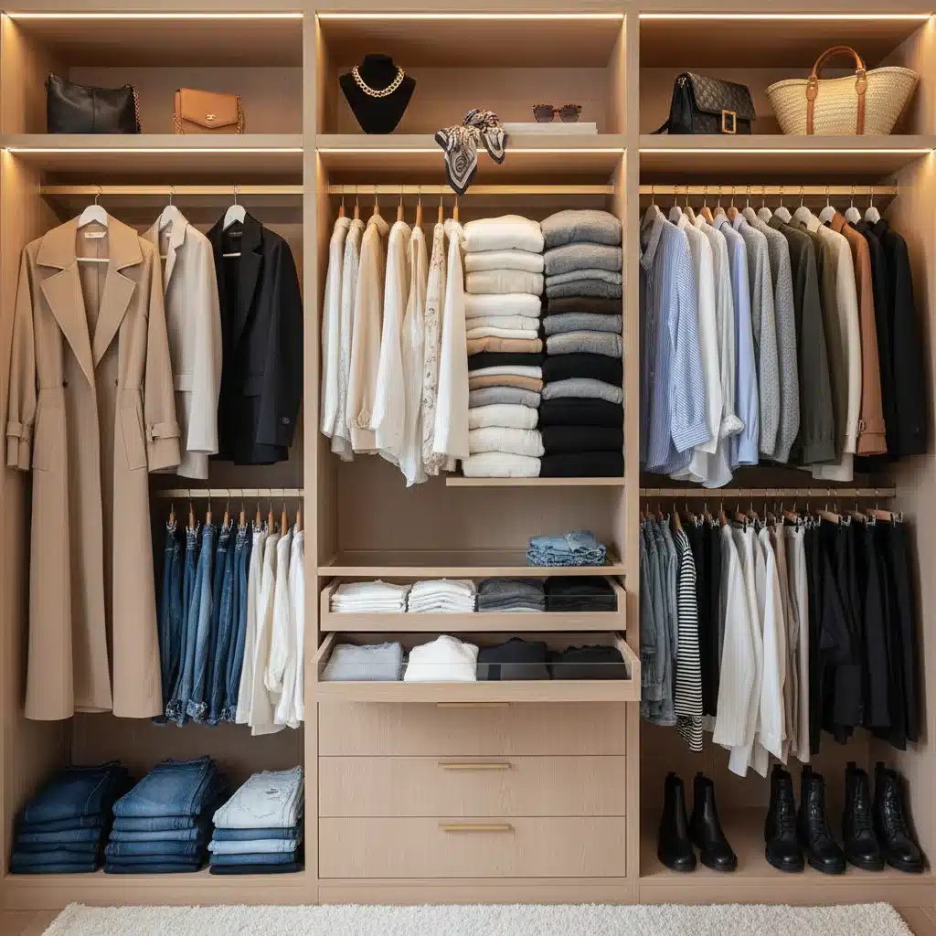 Organized wardrobe with curated versatile clothing essentials.