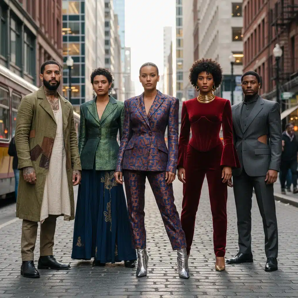 Diverse individuals wearing custom-tailored outfits, showcasing personalization