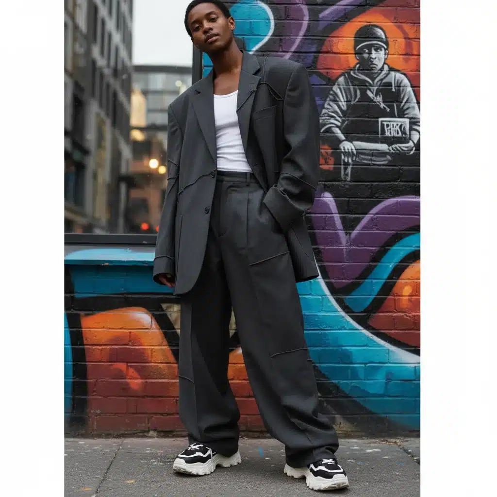 Individual showcasing deconstructed tailoring trend with oversized blazer and wide-leg trousers.