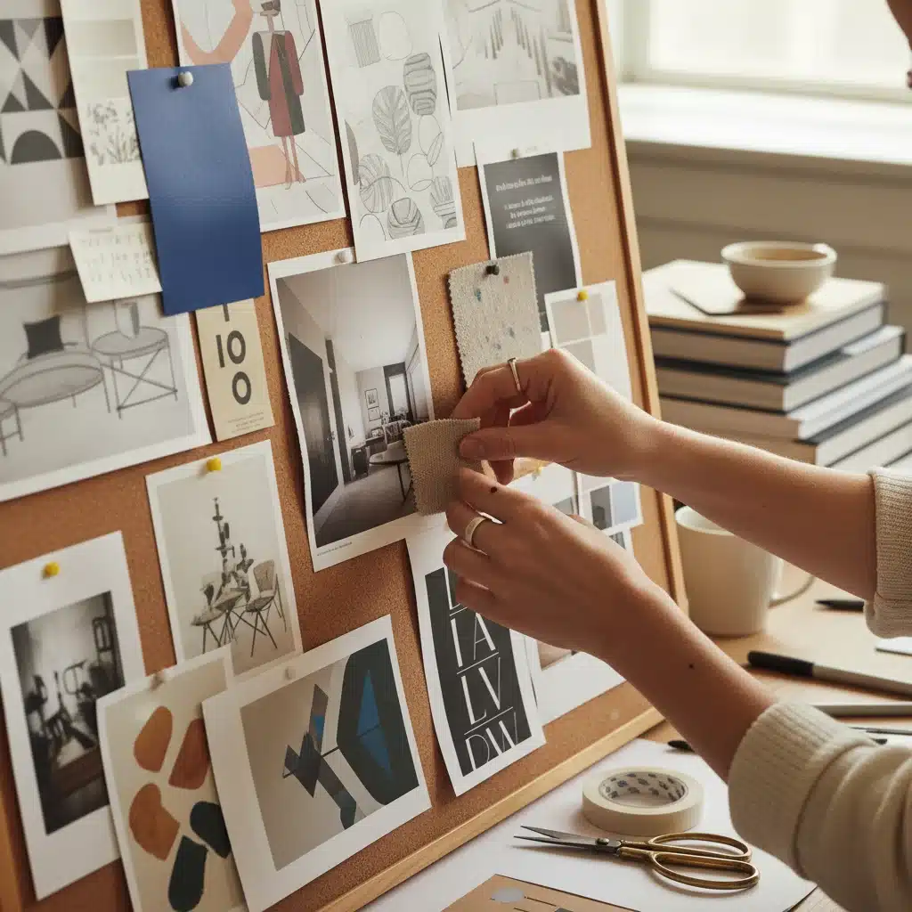 Designer's hands arranging elements on a mood board, illustrating creative process and storytelling.