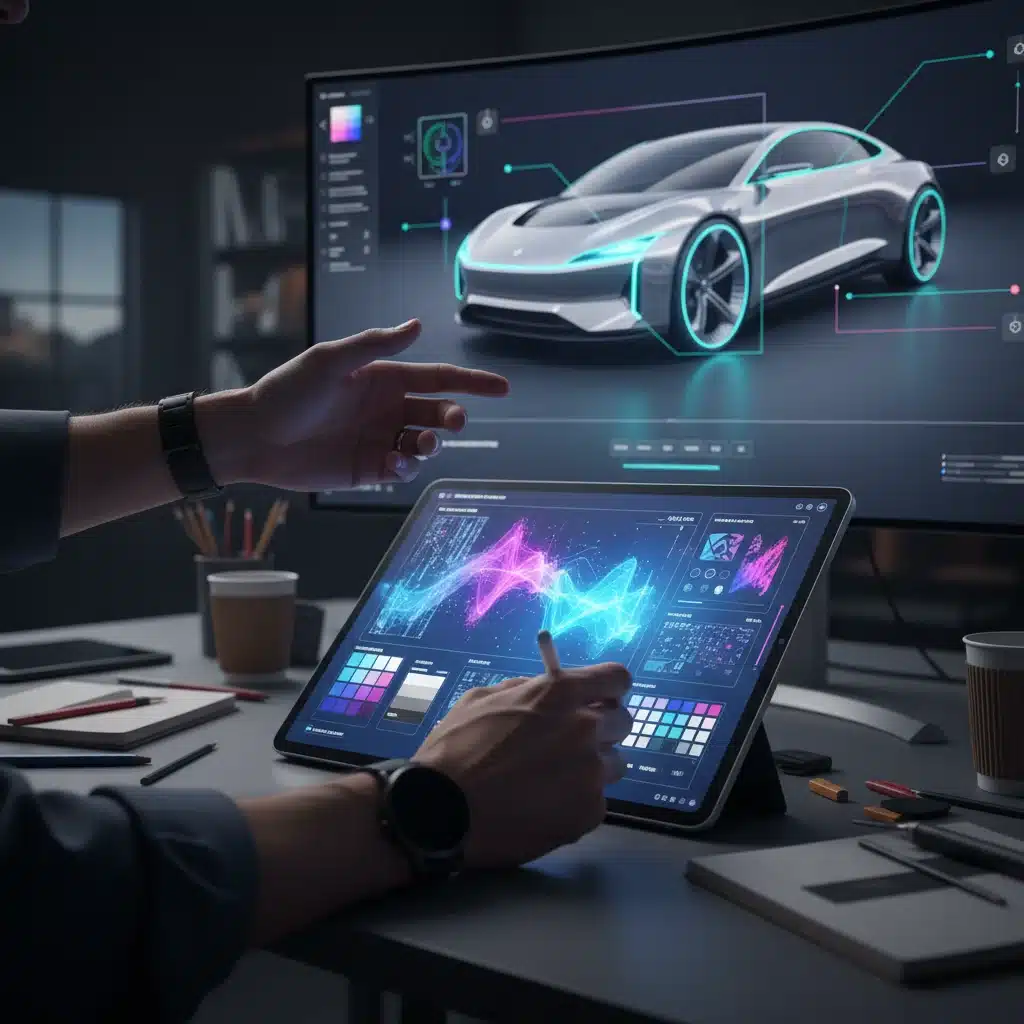 Designer's hand interacting with AI design software, displaying generative design and algorithmic creative processes.