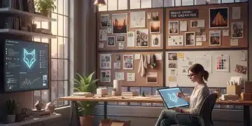 Designer building brand story in modern studio with digital tools and mood boards