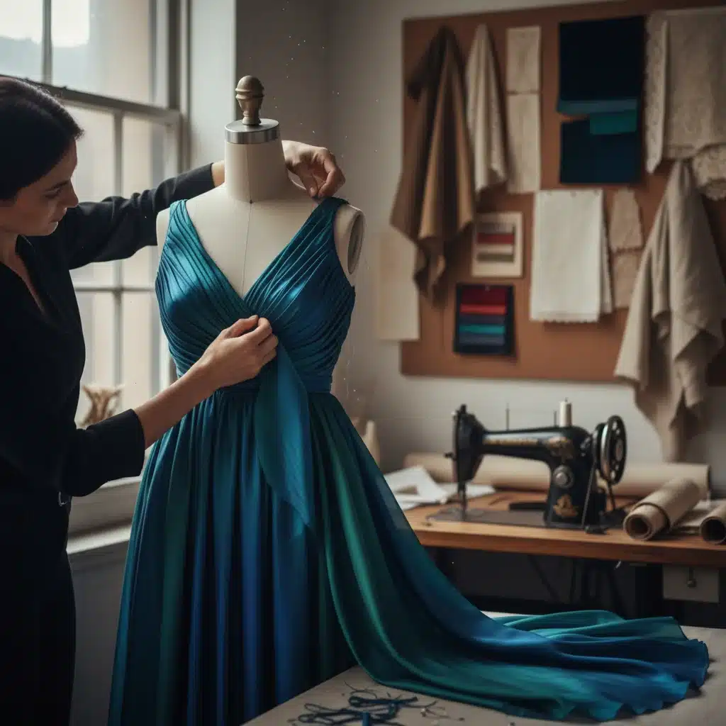 Fashion designer meticulously draping fabric on a mannequin, illustrating the creative process.