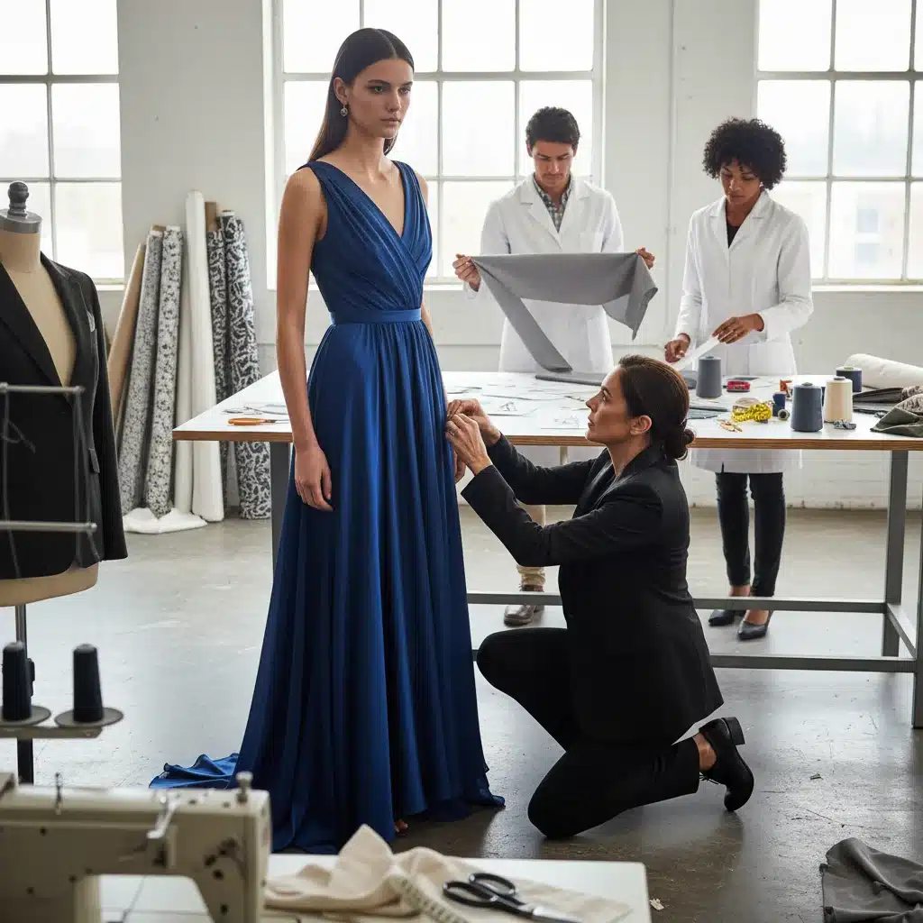 Designer making final adjustments to a garment on a model during a Fashion Week fitting.