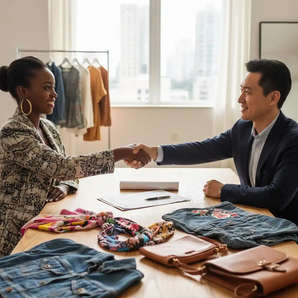 Fashion designer and retail store owner shaking hands on partnership