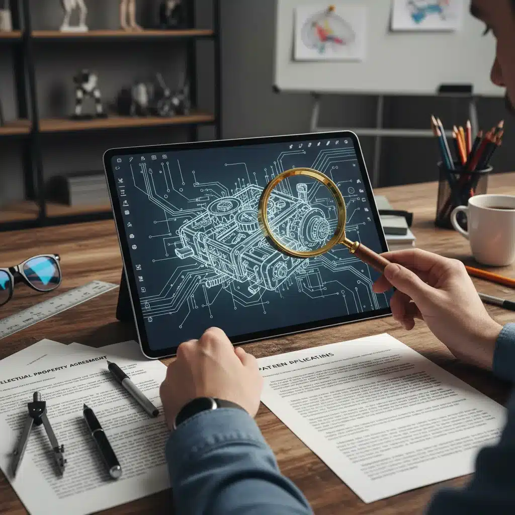 Designer sketching on tablet with IP legal documents