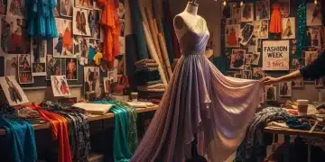 Designer's studio with mood boards, fabric swatches, and sketches for Fashion Week 2026.