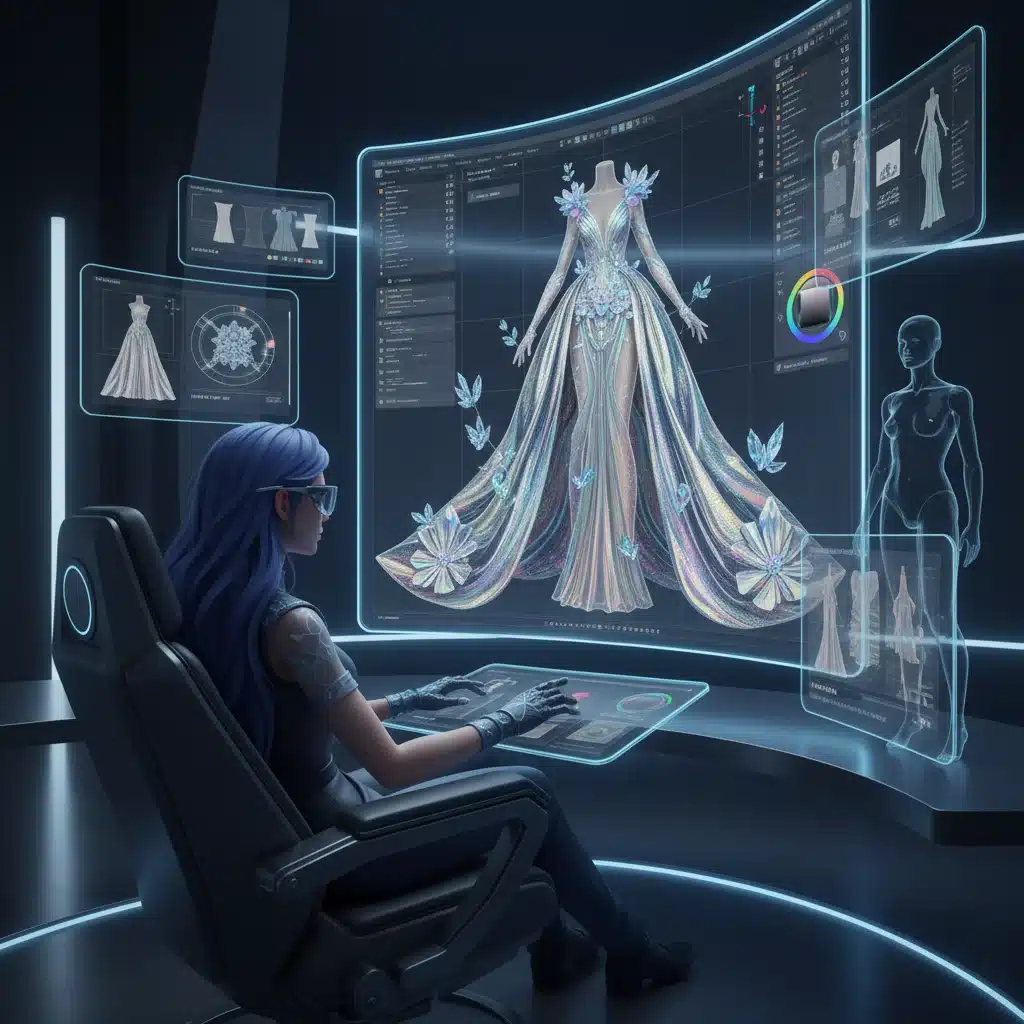 Digital haute couture design process on a 3D modeling software.