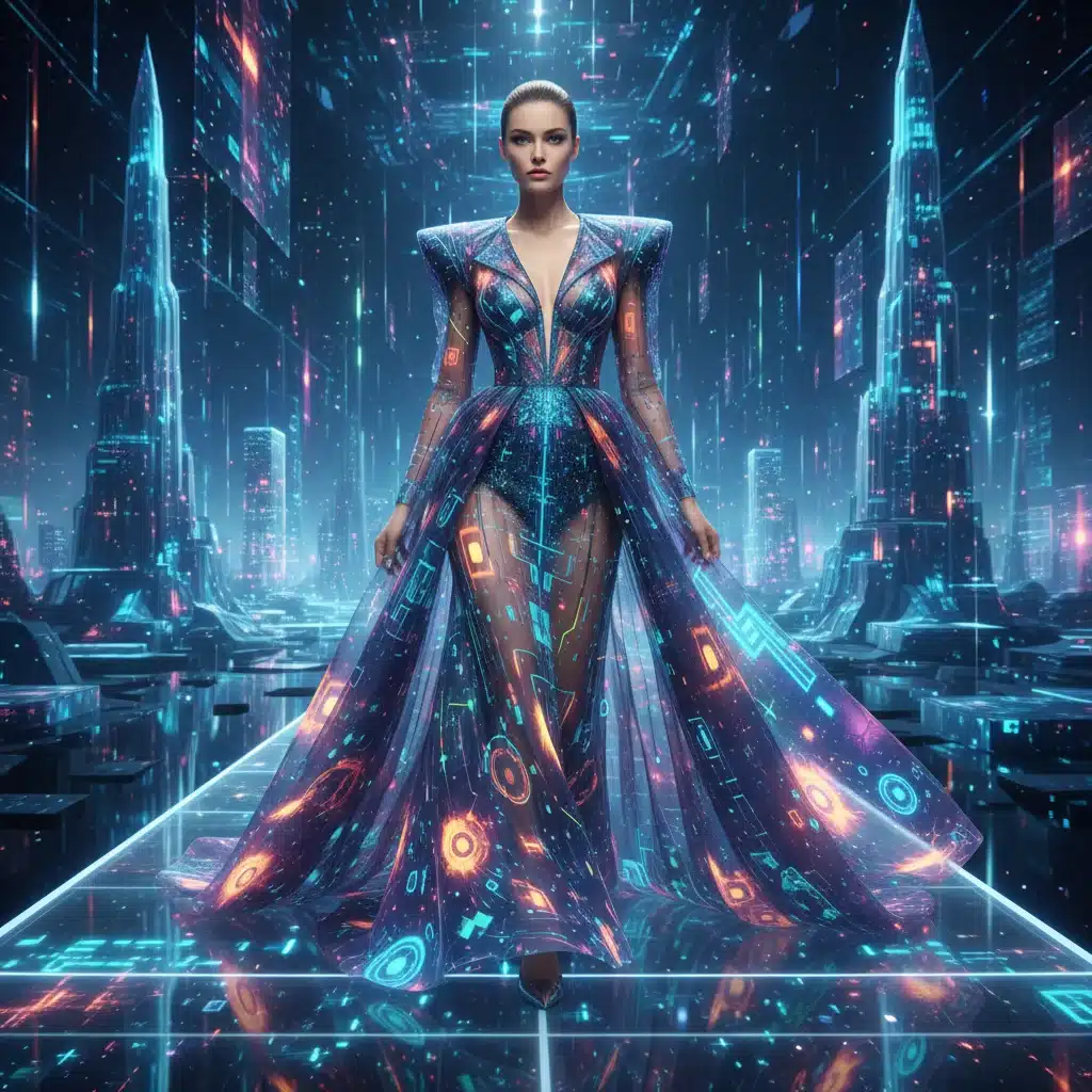 Digital fashion showcase on a virtual runway, highlighting technological integration in luxury apparel.