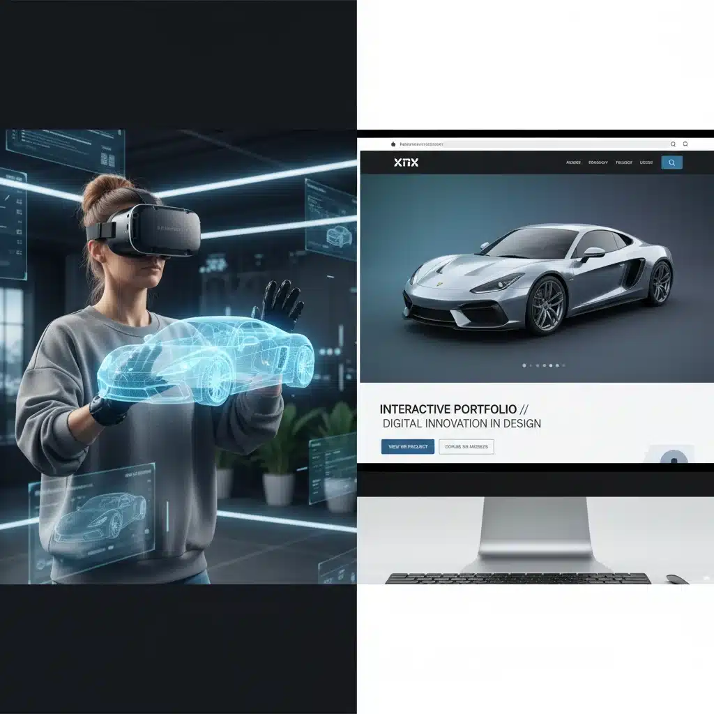 Designer using VR for design, alongside a responsive website with 3D product rendering.