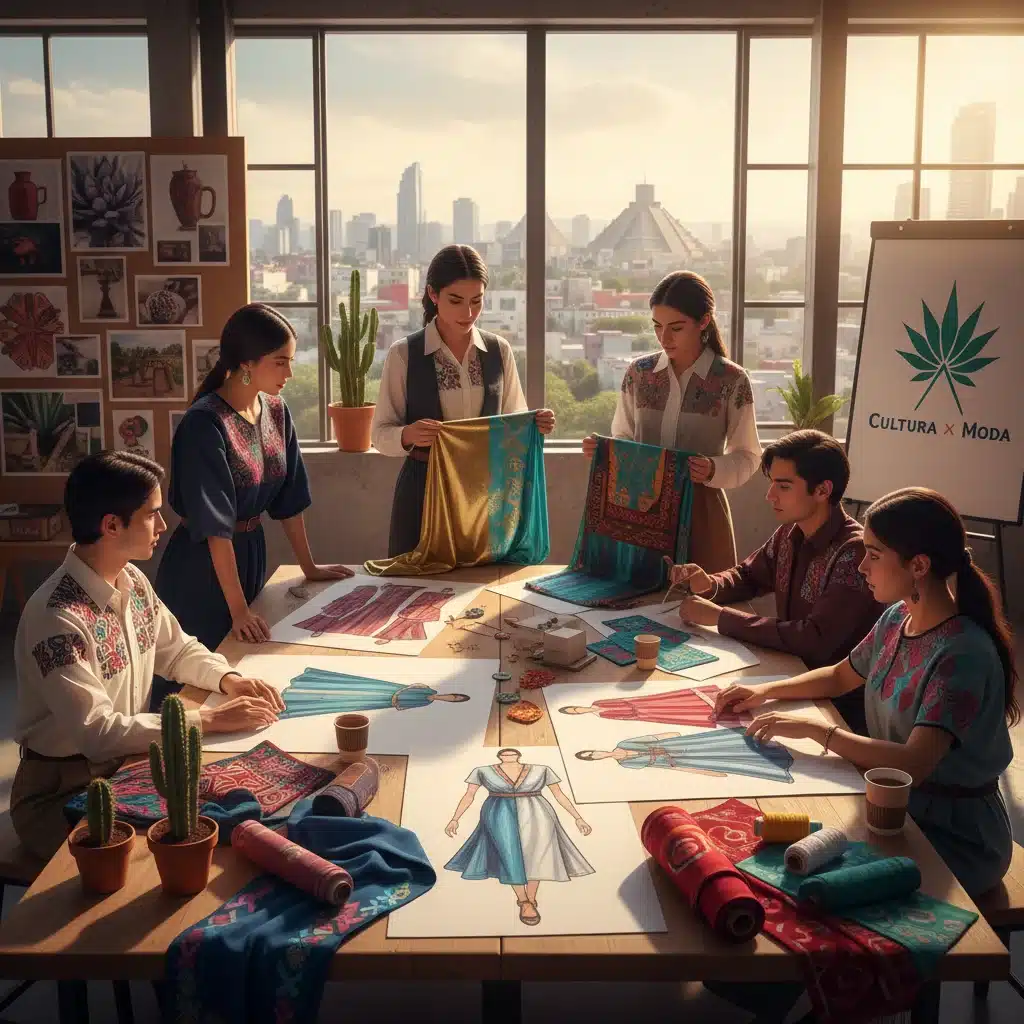 Jóvenes diseñadores y artesanos mexicanos colaborando en una colección de alta costura innovadora.