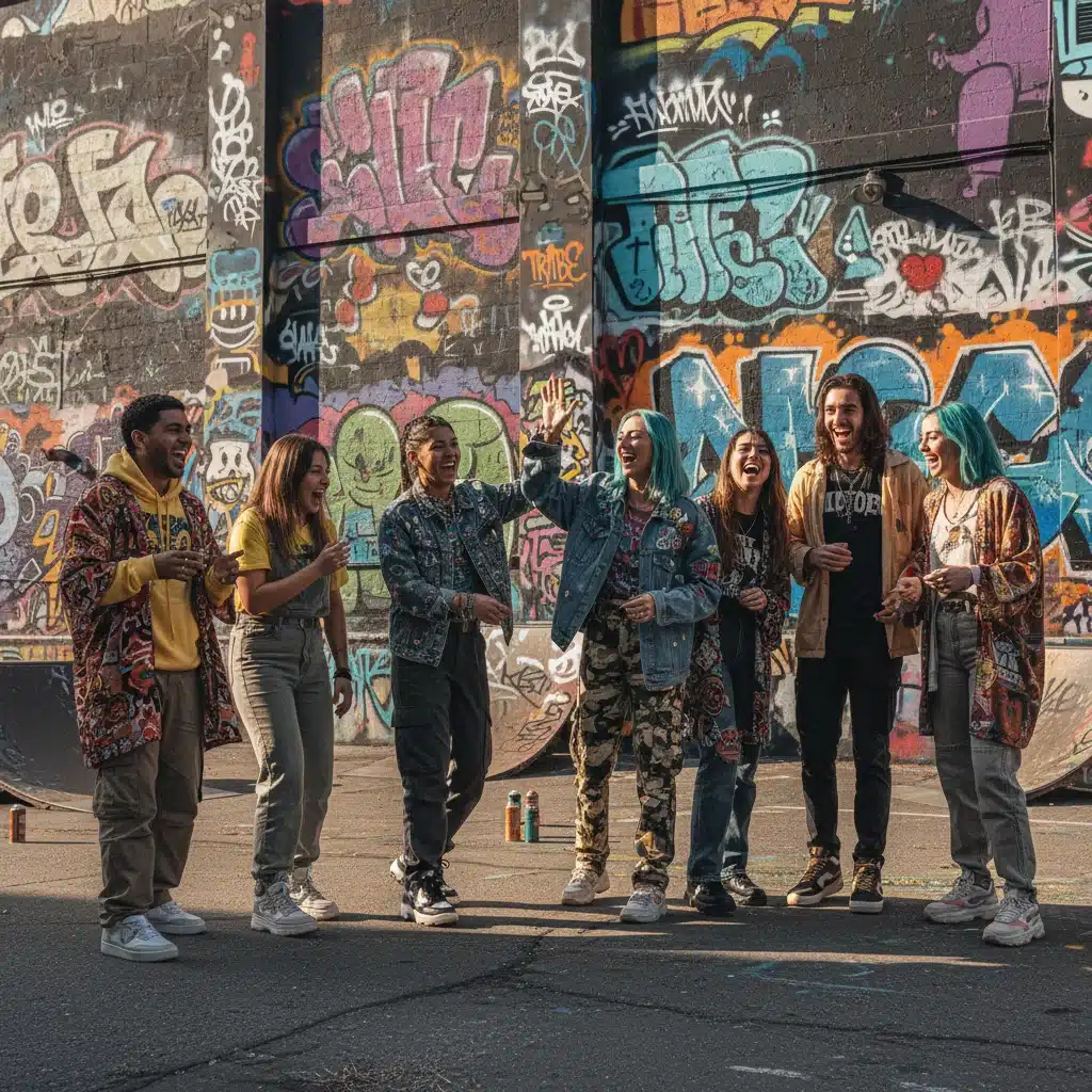 Diverse group of young adults exhibiting street style, laughing in front of colorful graffiti art, urban fashion.