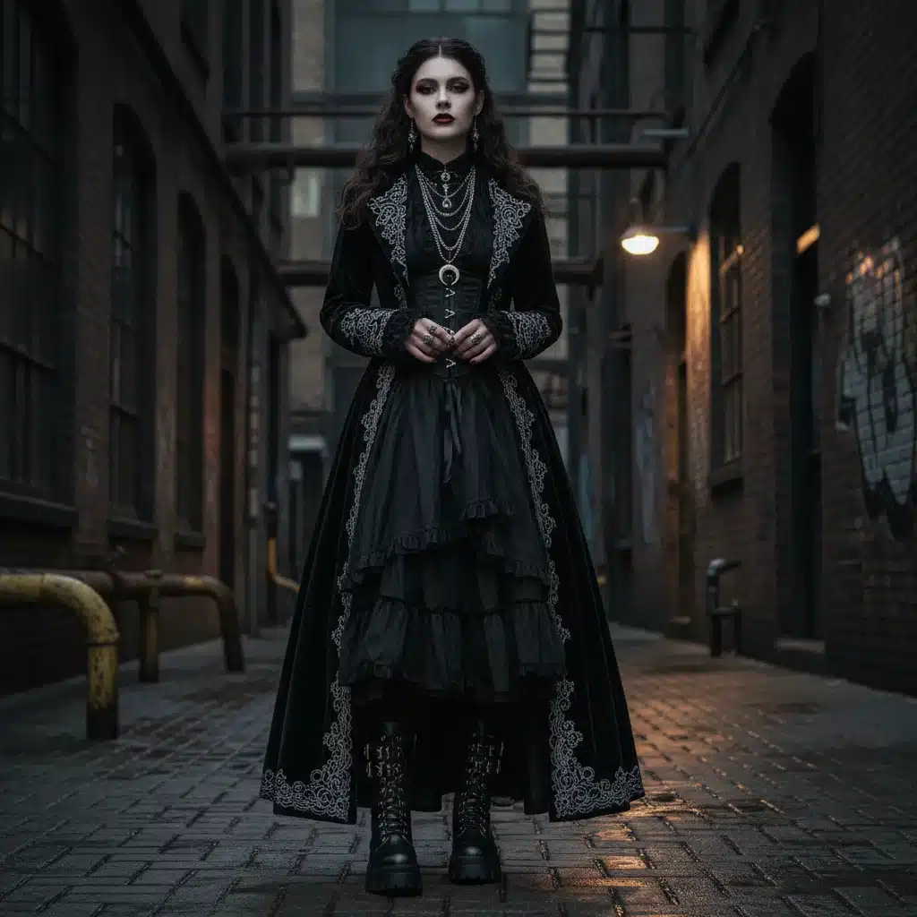 Model in a dark, gothic-inspired ensemble with a long black coat and combat boots, showcasing dramatic aesthetics.