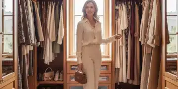 Elegant woman in luxury closet, curating high fashion wardrobe