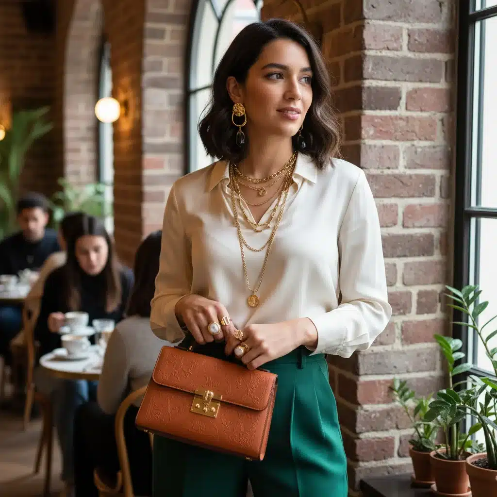Person displaying elevated accessories trend with layered jewelry and vintage handbag.