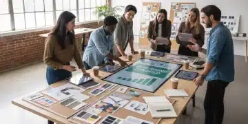 Emerging US designers collaborating on design projects, discussing financial projections for early investment.