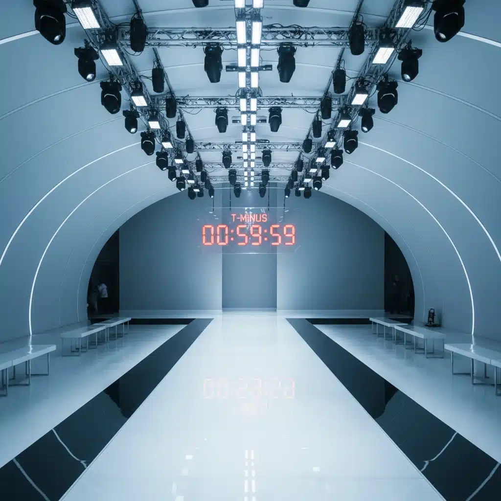 Empty fashion runway illuminated by spotlights, ready for a Fashion Week show.