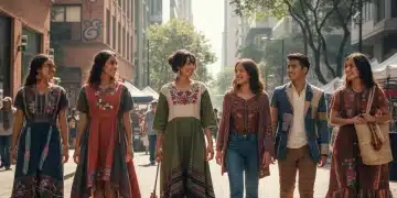 Jóvenes con estilo urbano sostenible en una ciudad mexicana, luciendo ropa de moda circular.