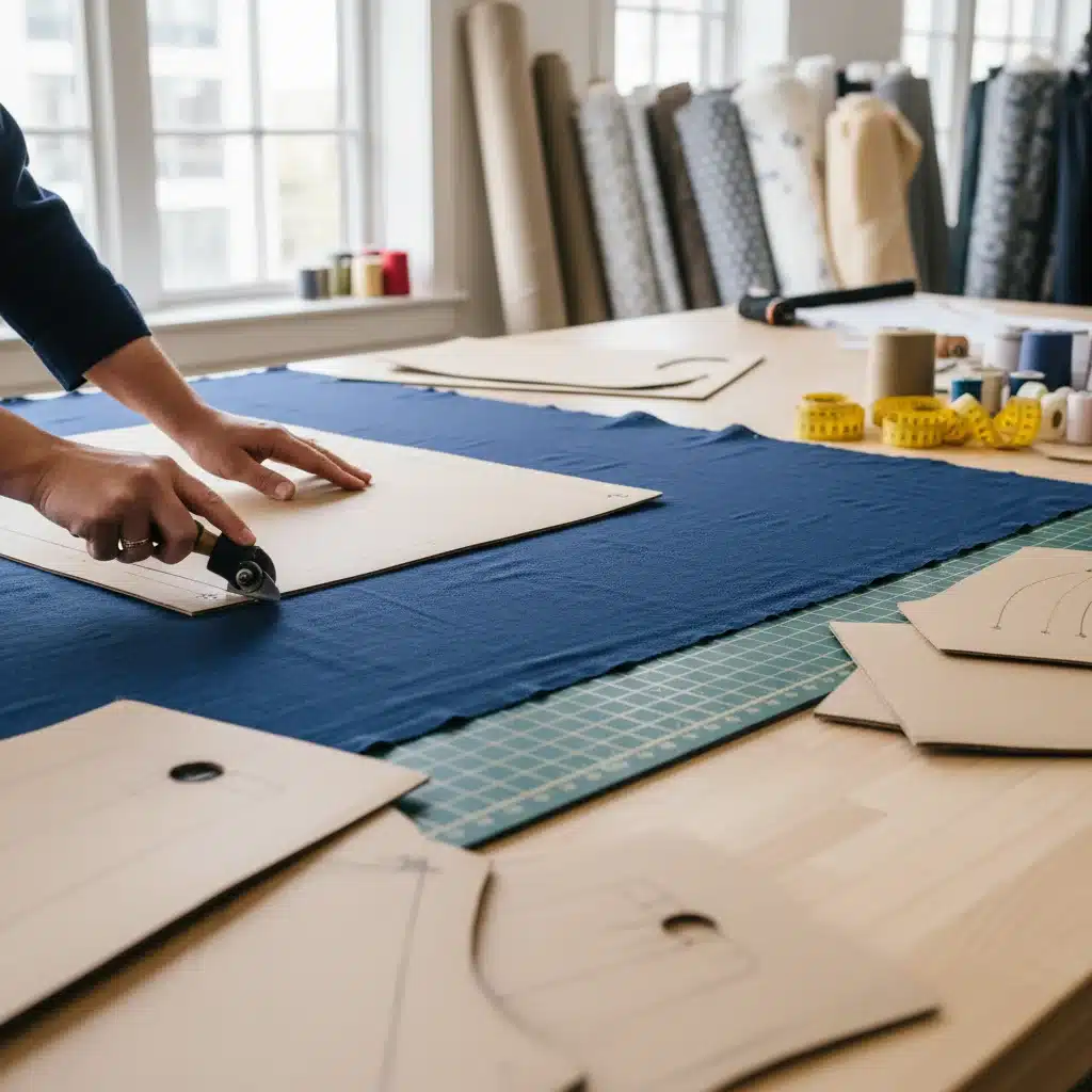 Hands cutting fabric patterns for garment production