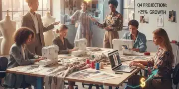 Emerging fashion designers collaborating in a studio, symbolizing grant opportunities and financial growth.
