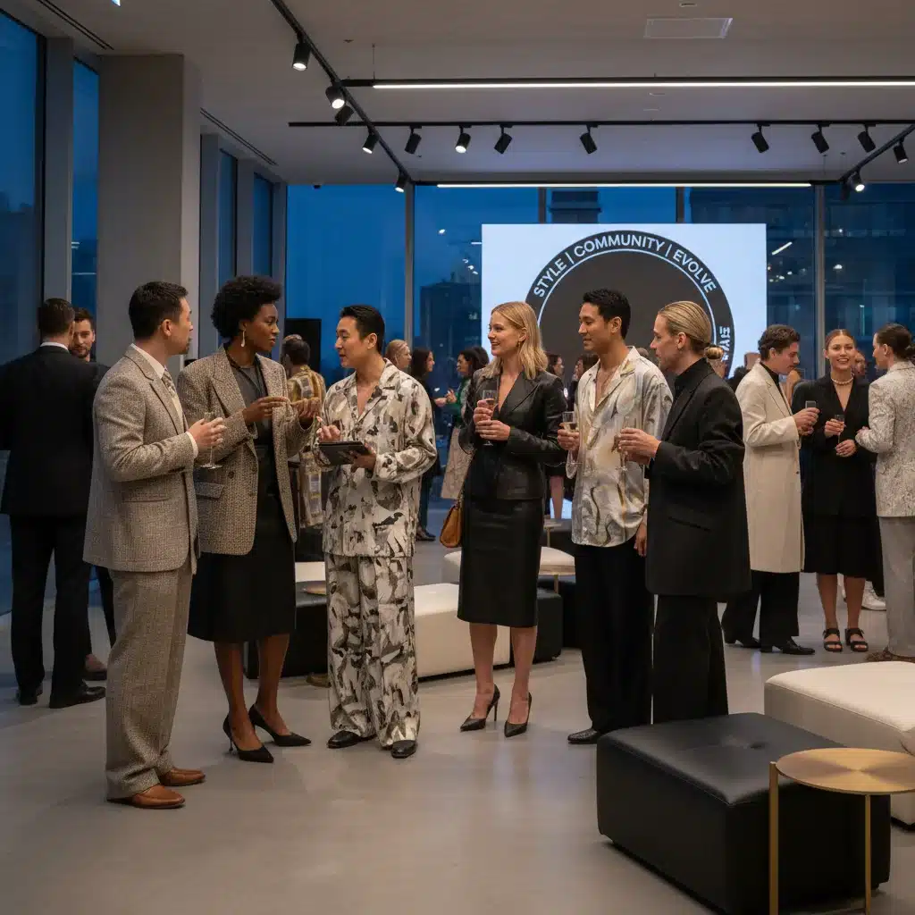 Fashion enthusiasts networking at a stylish event, discussing personal style