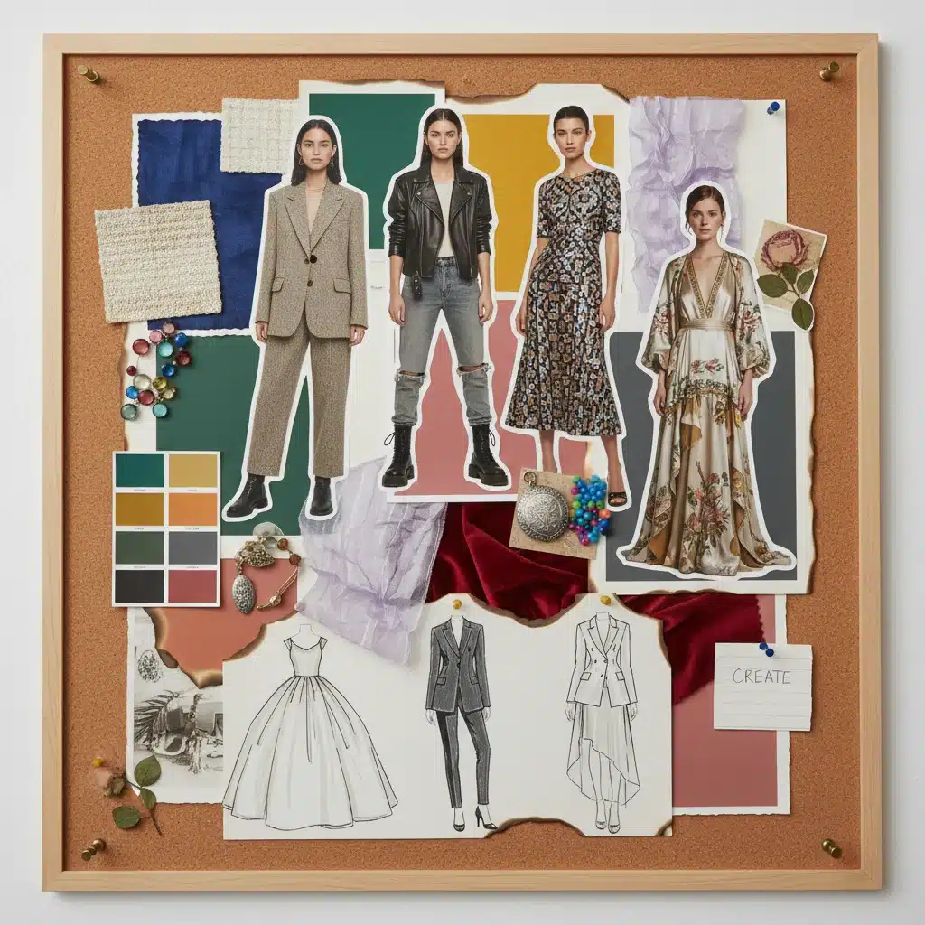 Fashion mood board with diverse style inspirations and textures.