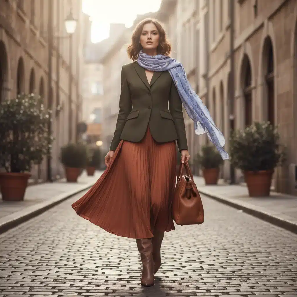 Fashion model in terracotta skirt, green blazer, and periwinkle scarf.