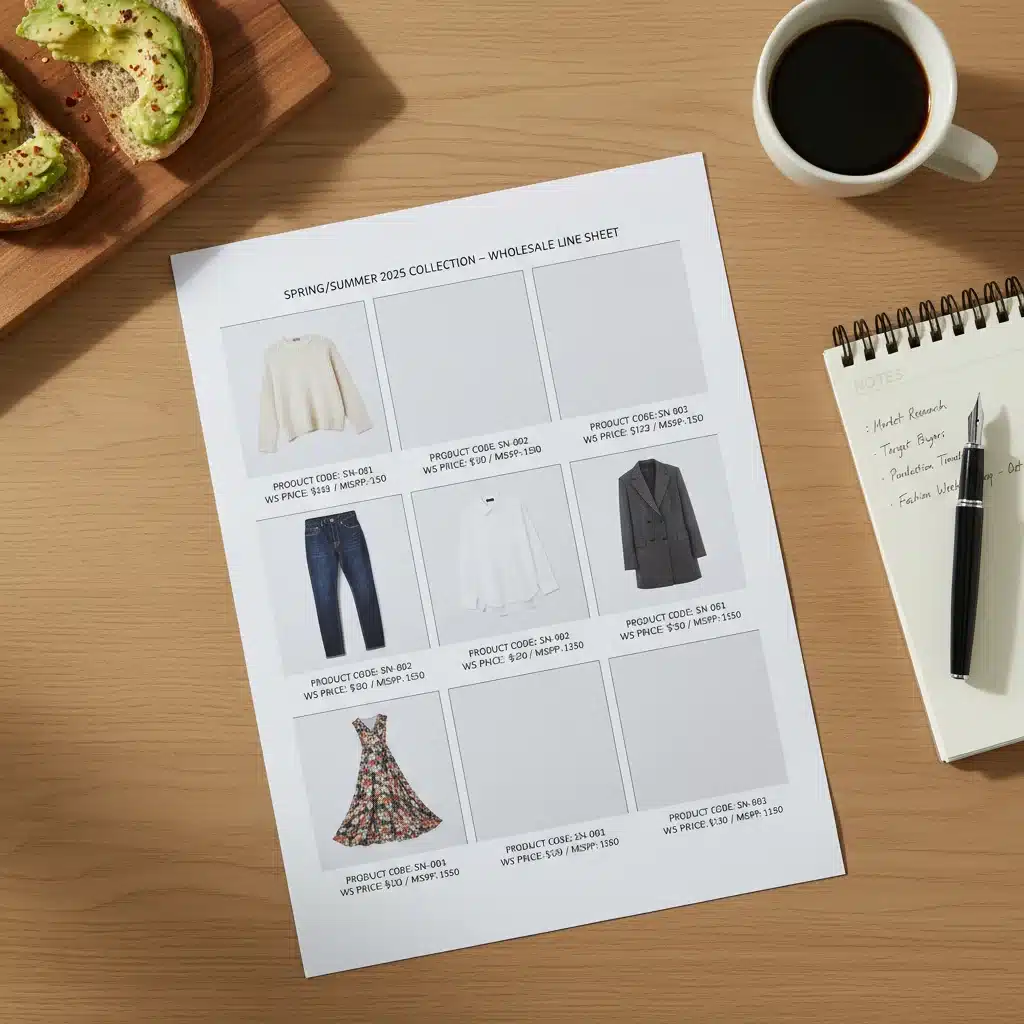 Detailed line sheet for fashion wholesale orders