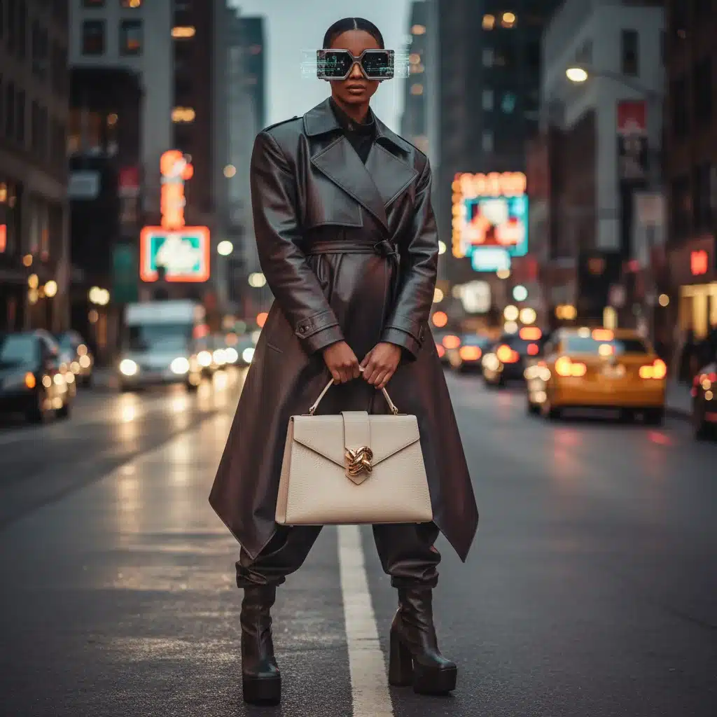 Model wearing oversized geometric AR sunglasses and holding a minimalist plant-based leather handbag, embodying 2026 tech-fashion.