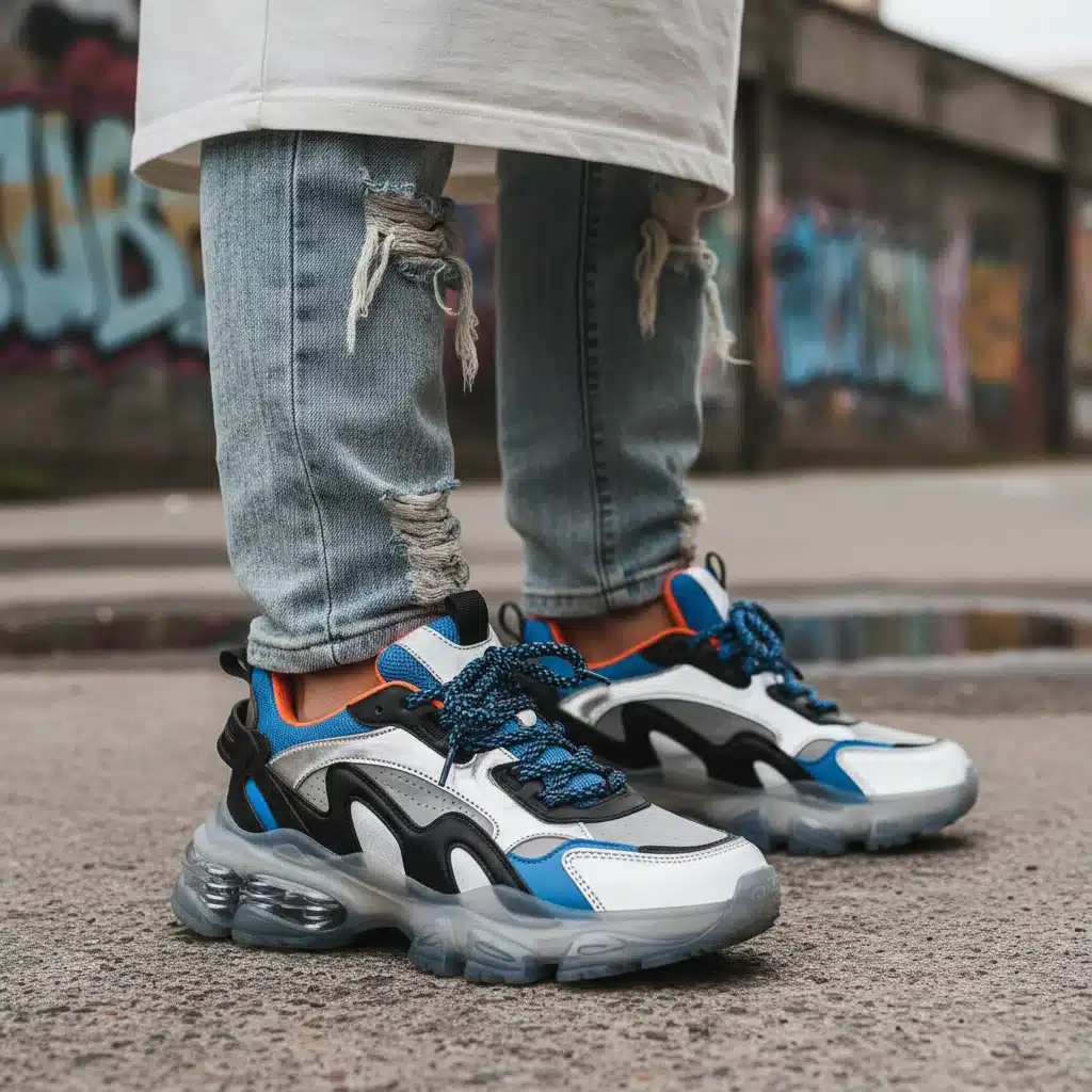 Chunky futuristic sneakers on urban street