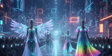Futuristic digital fashion show with virtual models and glowing garments