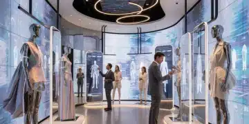 Futuristic high fashion boutique with interactive digital displays and elegant mannequins, showcasing innovative retail.