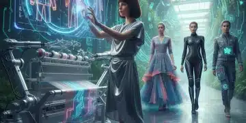 Futuristic fashion tech landscape with AI, sustainability, and digital retail elements.