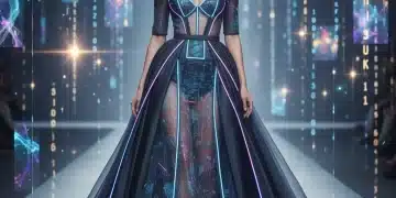 Futuristic model in high-fashion smart garment with integrated LEDs and touch-sensitive fabric.
