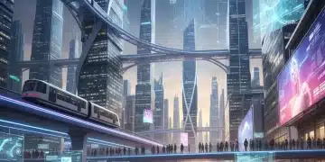 Futuristic people wearing diverse tech-integrated wearables in a glowing city