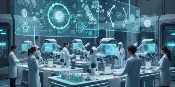 Scientists researching advanced sustainable textiles in a modern laboratory setting, symbolizing future fashion manufacturing.