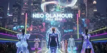 Futuristic virtual high fashion runway with avatars and holographic projections.