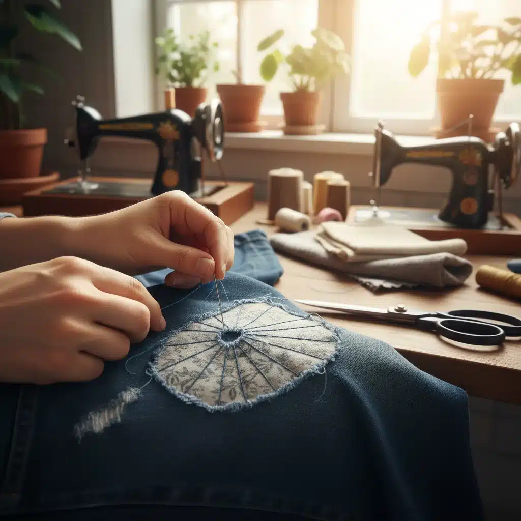 Hands mending a denim garment, illustrating the repair and reuse principles of circular fashion.