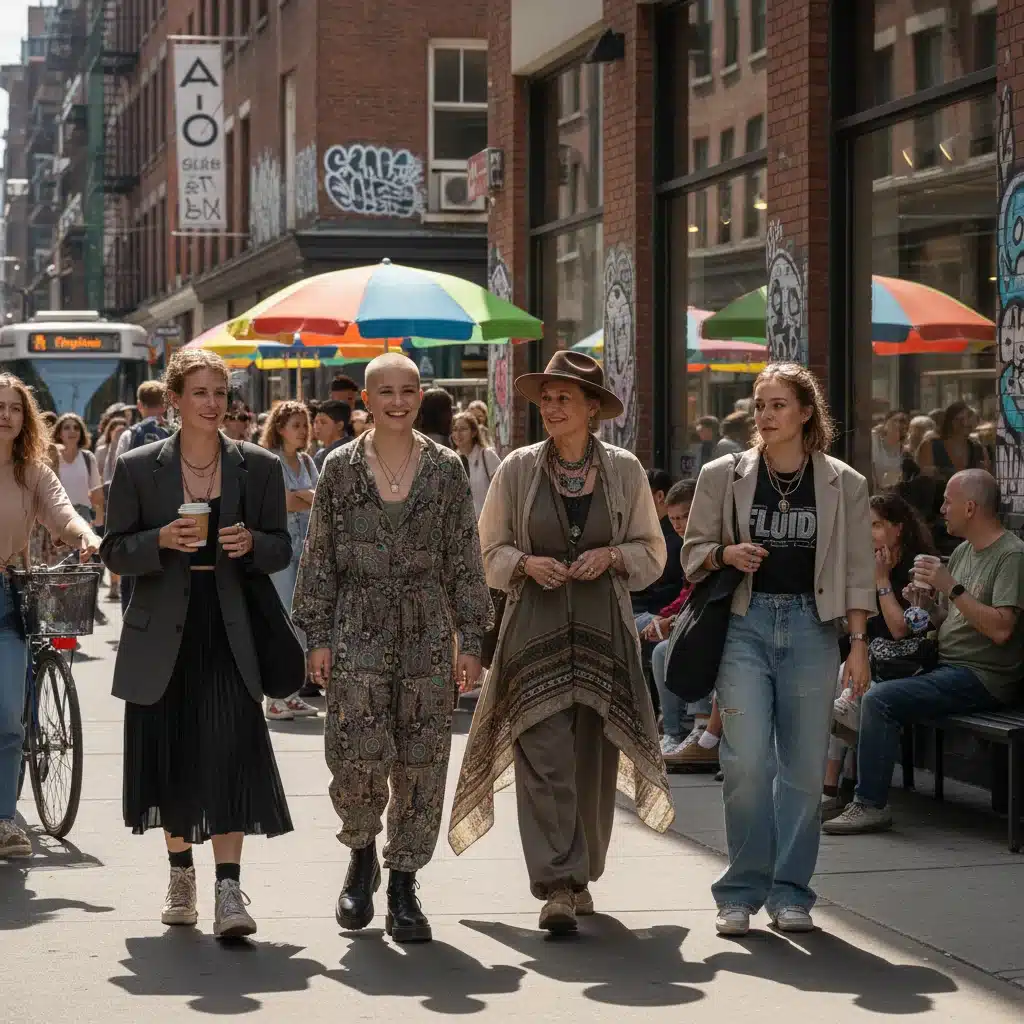 Diverse individuals expressing themselves through gender-fluid street style in an urban setting.