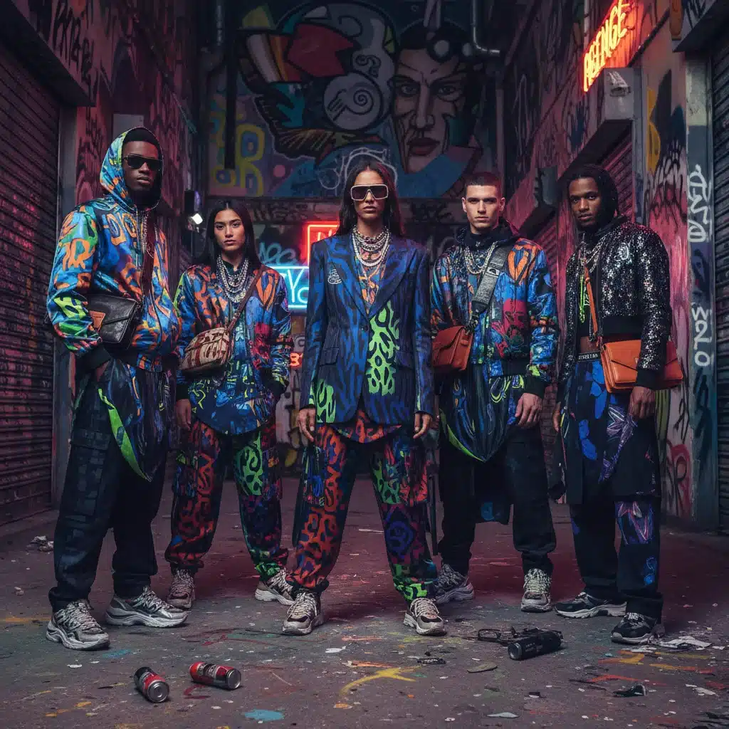 Young adults in gender-fluid luxury streetwear in an urban alleyway.