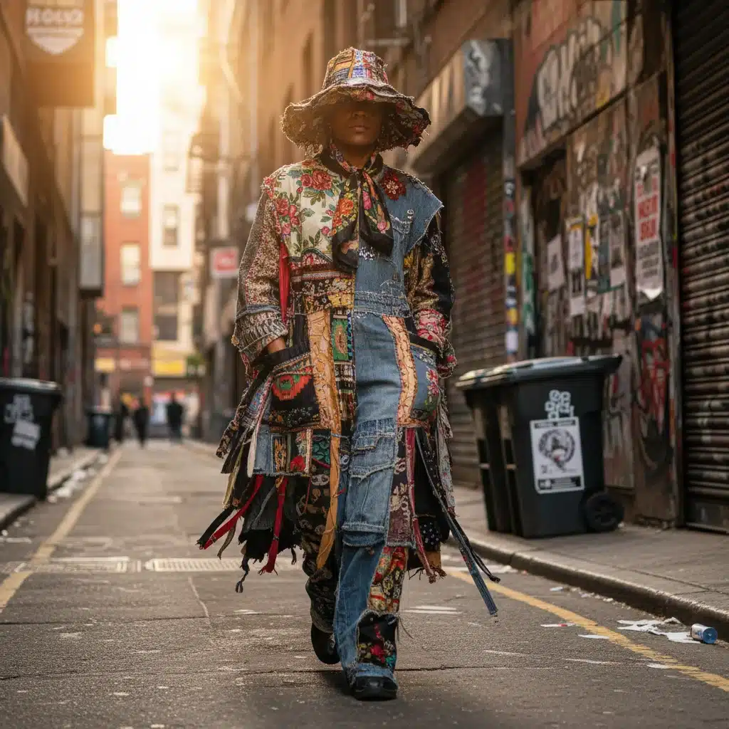 Individual showcasing gender-fluid, upcycled fashion in an urban street setting, reflecting sustainable street style.