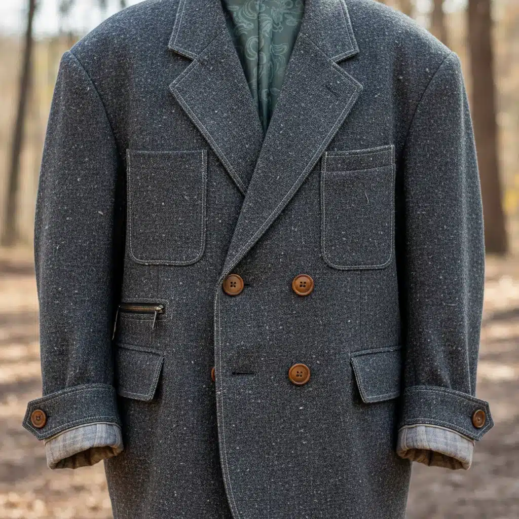 Close-up of an adaptable, sustainably sourced gender-neutral blazer, showcasing innovative tailoring.