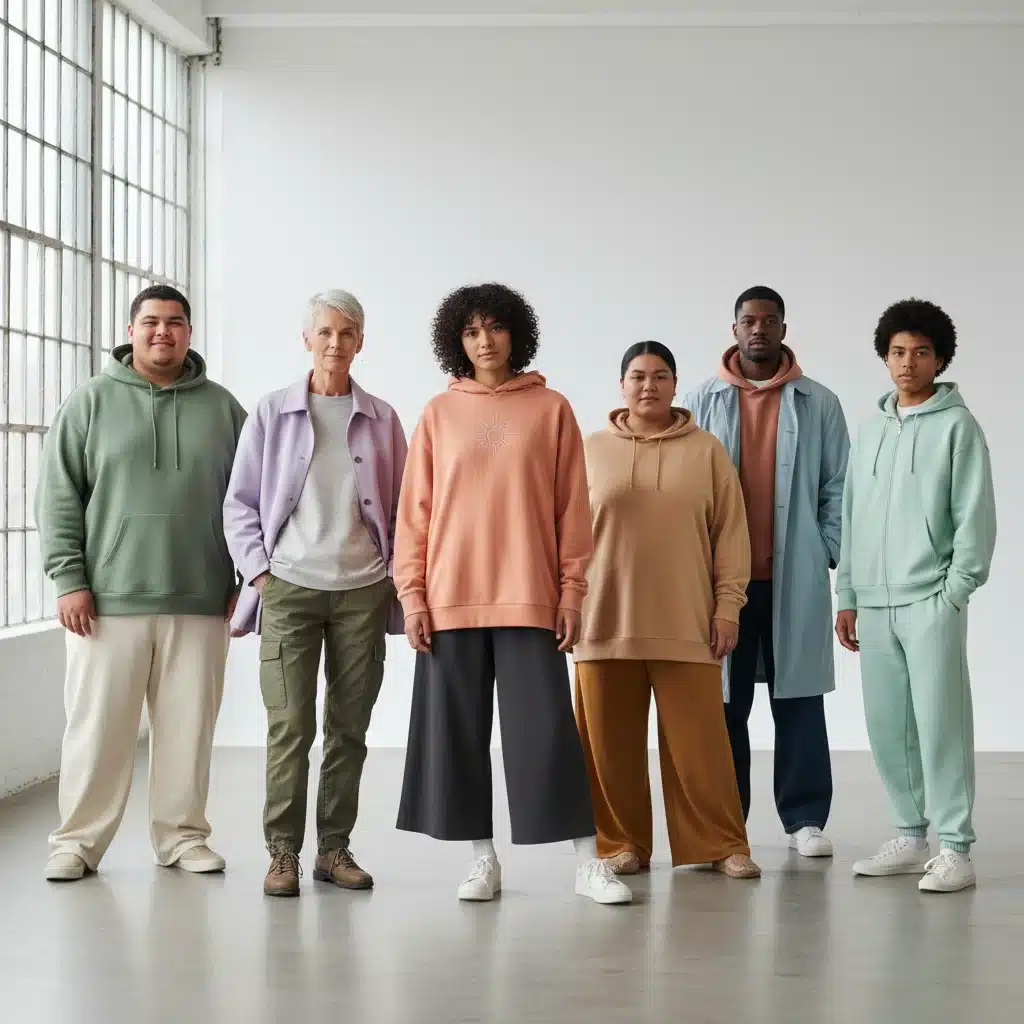 Diverse models showcasing gender-neutral oversized streetwear in a minimalist studio, emphasizing comfort and inclusivity.