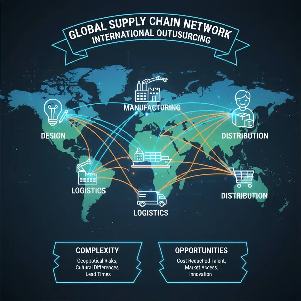Infographic illustrating global fashion supply chain and outsourcing network.
